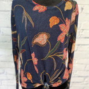 Loft Navy and Floral Lightweight Tie Front Sweater